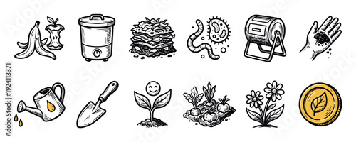 Composting and gardening icon set hand-drawn in a doodle sketch style showing organic waste, a composter bin, worm, soil, and plant growth for an eco-friendly concept