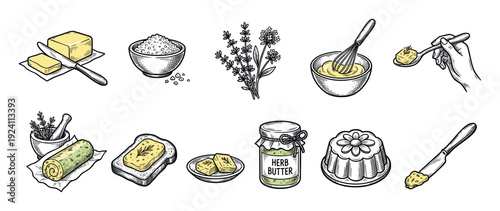 Hand drawn butter and herbs illustration set in a vintage sketch style showing various cooking ingredients and utensils like salt, bread, and a whisk isolated on a white background