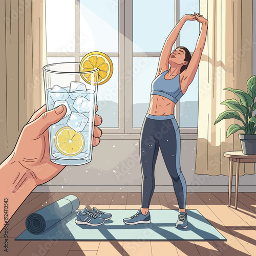 A beautiful young woman in fitness apparel enjoys a healthy lifestyle by drinking fresh orange juice in a modern home kitchen interior after her active workout