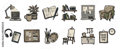Large set of hand-drawn vintage-style icons representing creative hobbies, work from home, and cozy lifestyle elements like a laptop, art supplies, and an armchair, isolated on white