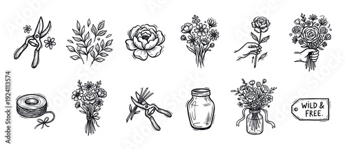 Charming collection of hand-drawn floral and gardening elements, including various flowers, leaves, tools, and accessories, presented as rustic black and white line art on a clean white background