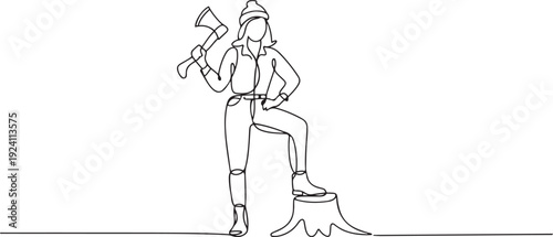 Single one line drawing woman lumberjack wearing plaid shirt, jeans, boots and beanie hat. Standing with ax and posing with one foot on a tree stump. one line Icon drawing