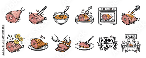 Set of hand-drawn ham cooking icons showing the step-by-step recipe for a honey glazed holiday meal, including preparation, baking, carving, and serving for an Easter dinner, isolated on white