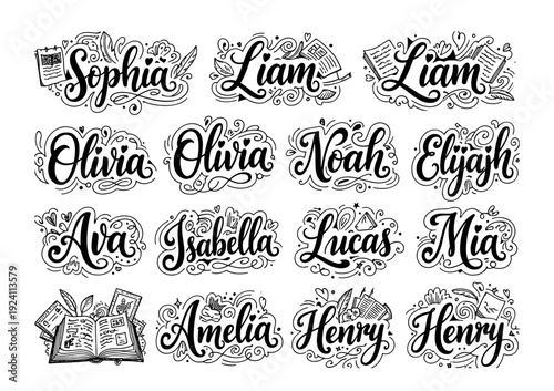 Large collection of popular given names written in a decorative hand-lettered calligraphy style with cute doodle elements like books and hearts, isolated on a white background