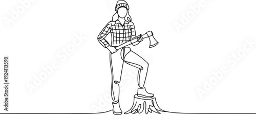 Single one line drawing woman lumberjack wearing plaid shirt, jeans, boots and beanie hat. Standing with ax and posing with one foot on a tree stump. one line Icon drawing