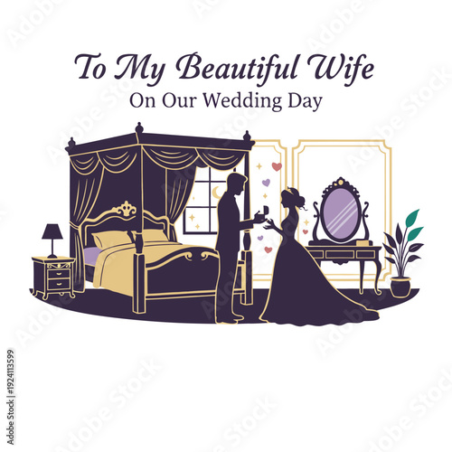 A romantic illustration depicts a newlywed couple celebrating their wedding day in a bedroom setting