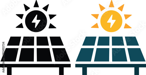 Modern solar panel and renewable energy icons set featuring sun, photovoltaic panels, battery storage and green power symbols. Ideal for sustainability.