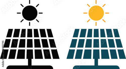 Modern solar panel and renewable energy icons set featuring sun, photovoltaic panels, battery storage and green power symbols. Ideal for sustainability.