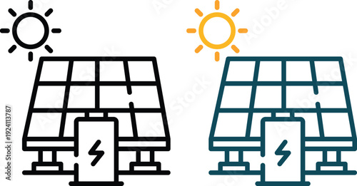 Modern solar panel and renewable energy icons set featuring sun, photovoltaic panels, battery storage and green power symbols. Ideal for sustainability.