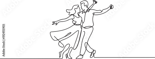 Single one line drawing husband and wife dancing. Like dancing ska. Following the trumpet beat. In rhythm. In tune. Pleasant. International Dance Day. one line Icon drawing