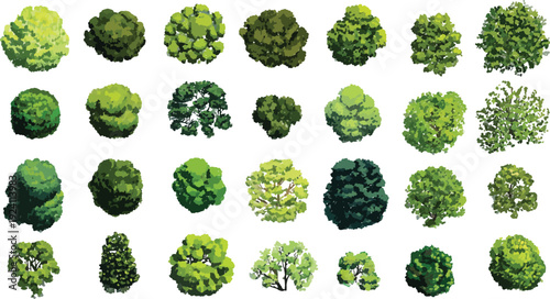 Collection of twenty eight stylized green trees viewed from above in various shapes and sizes foliage
