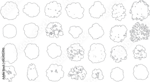Collection of outline of various tree canopies from a down perspective canopy