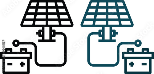 Modern solar panel and renewable energy icons set featuring sun, photovoltaic panels, battery storage and green power symbols. Ideal for sustainability.