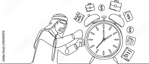 Single one line drawing Arab businessman preparing to hit big alarm clock. Can't manage time well. Many business opportunities disappear. Angry businessman. one line Icon drawing