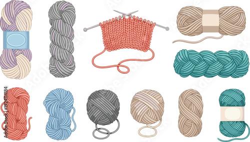 Knitting Yarn and Needles Collection Vector Illustration Set with Colorful Wool Skeins and Handmade Craft Supplies Isolated on White Background