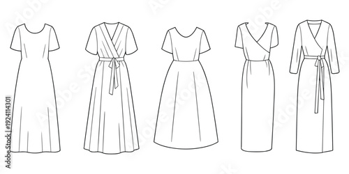 Collection of five different styles of women's dresses in line art fashion clothing