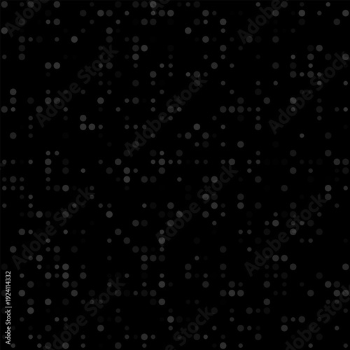 Seamless vector pattern of scattered gray dots on a black background. Minimalist geometric composition featuring a rhythmic grid of varying circle sizes and transparency levels