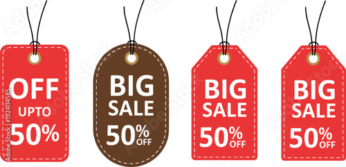 Set of sale price tags with “Big Sale” and “Up to 50% off” labels for retail promotion vector design