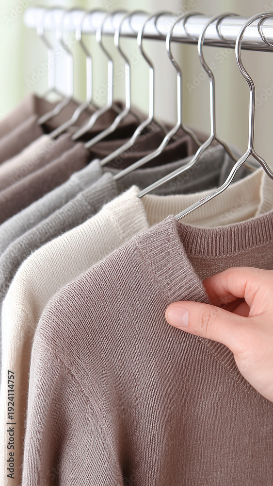Fototapeta premium a hand is holding a sweater on a hanger in a rack