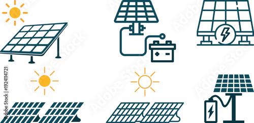 Modern solar panel and renewable energy icons set featuring sun, photovoltaic panels, battery storage and green power symbols. Ideal for sustainability.
