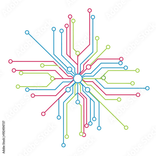 Abstract circuit board pattern with colorful lines connecting nodes, representing digital data flow, network communication, and technological innovation concept.