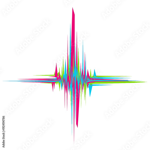 Vibrant abstract equalizer graphic with sharp, colorful spiky lines, depicting sound amplitude, digital technology, music, and dynamic energy visualization.