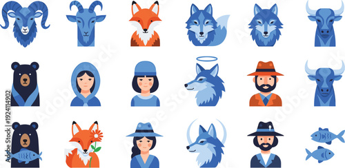 Flat Zodiac and Animal Character Collection Vector Illustration Set Featuring Ram Bull Bear Fox Wolf Fish and Human Avatars Isolated on White Background