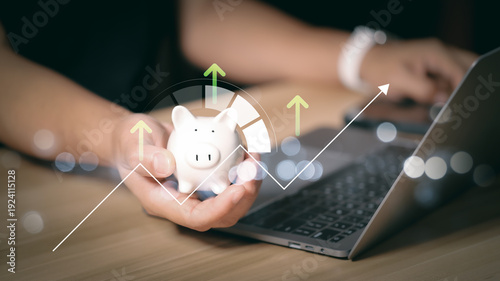 Businessman holding piggy bank with upward arrow icons. Digital banking app for budget planning, interest rates, capital gain, and financial success. Online investment strategy concept.