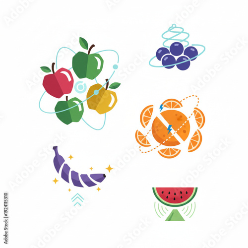 Vibrant vector icons of fresh fruits infused with scientific elements; atomic apples, orbiting grapes, energetic bananas, oranges, and watermelon for educational and wellness
