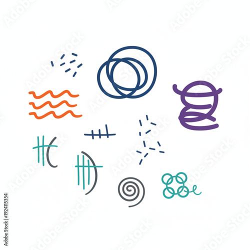 A vibrant collection of hand-drawn abstract lines, playful squiggles, and dynamic shapes, perfect for adding creative flair to modern graphic design projects, digital art, and decorative illustrations