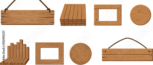 Rustic wooden signs and frames in varied shapes with rope, planks, discs, and log textures for decorative design artwork
