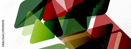 Abstract geometric shapes overlap. Colors include green, red, brown, black, white. Composition feels modern, dynamic.