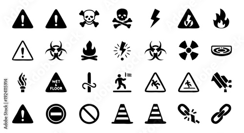 Black Silhouette Warning Icons Set – Safety and Hazard Vector Symbols