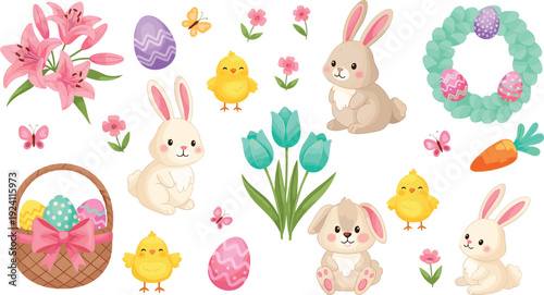 Cute Easter collection with bunny chicks eggs tulips wreath and basket, spring holiday vector illustration set