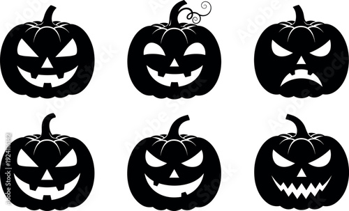 Set of scary carved jack-o’-lantern pumpkins with different evil facial expressions in solid silhouette vector style