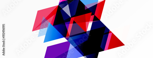 Abstract geometric shapes overlap, creating vibrant color contrasts. Composition features triangles, reds, blues, purples, whites. Modern design.