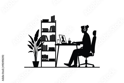 Woman Working From Home Silhouette with Laptop Bookshelf and Tree black and white artwork