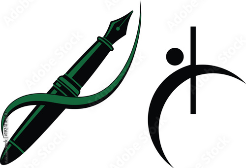 Stylized fountain pen with ribbon and abstract human symbol design representing creativity, writing, literature, art, imagination, and intellectual expression