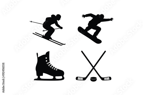 Black and White Winter Sports Silhouettes - Skier and Snowboarder Silhouette Artwork