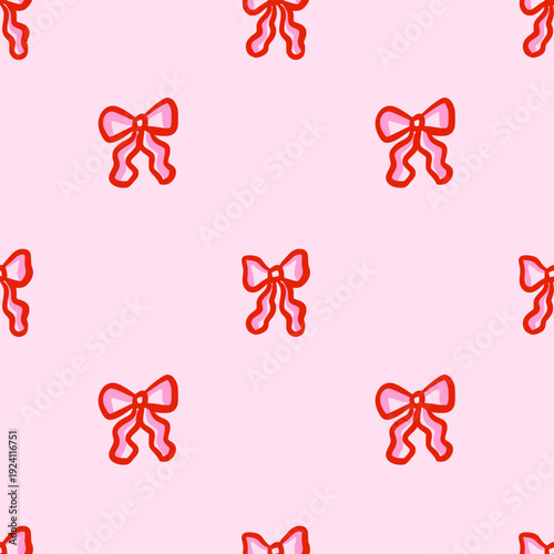 Seamless pattern of small red hand-drawn ribbon bows on pink background. Cute repeating design. Vector illustration in coquette aesthetic. Perfect for textile, wrapping paper.