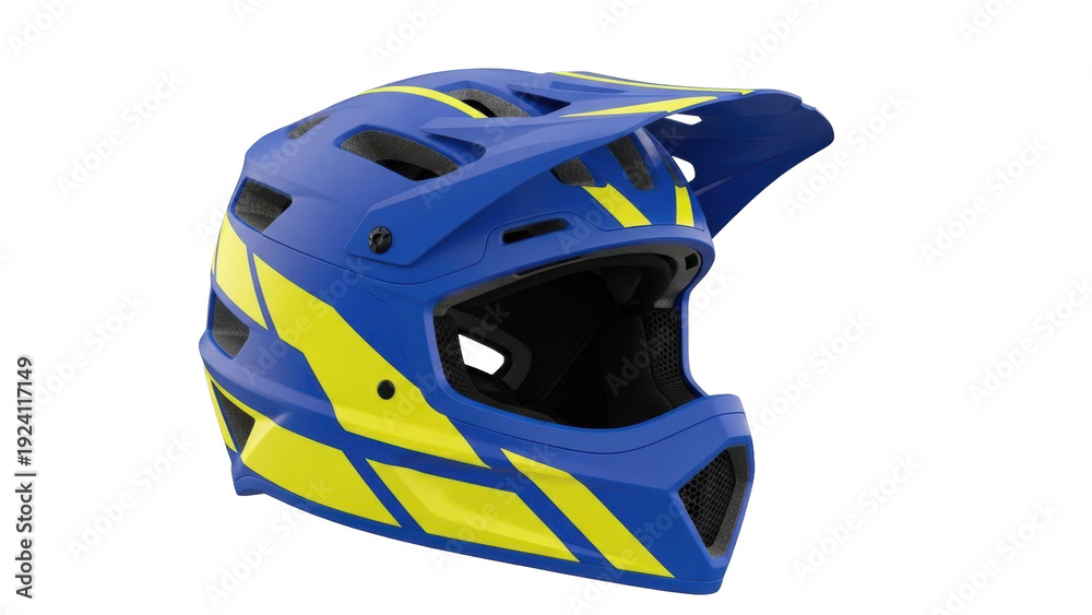 Fototapeta premium Isolated blue helmet with yellow stripes for mountain bike riding, outdoor sport safety gear