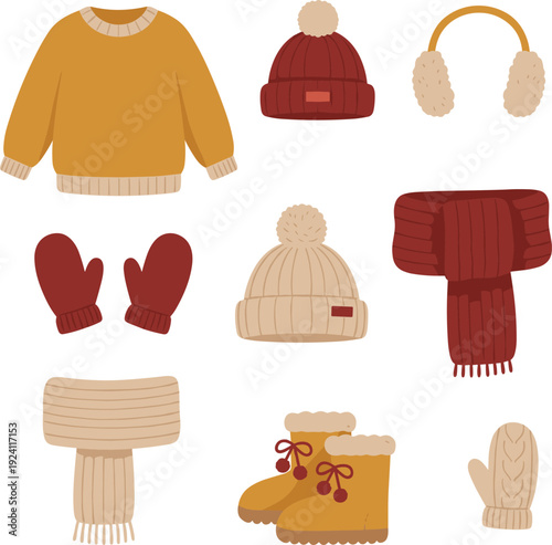 Collection of winter clothing and accessories including sweaters, hats, scarves, and boots Keywords: winter clothing, winter