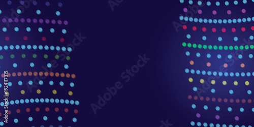 Curved horizontal bands of colorful glowing dots on a dark purple background