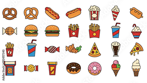 Collection of colorful food and drink icons including burgers, fries, and desserts, displayed on a clean background from a straightforward viewpoint