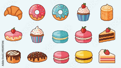 Assorted pastries and desserts including croissants, donuts, cakes on a neutral background viewed from directly above