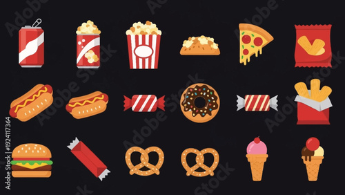 Assorted junk food illustrations including burgers, fries, and ice cream in a grid layout on a black background, viewed from directly above, showcasing various fast food items.
