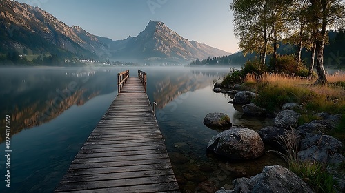 Wooden floating dock extending into misty alpine lake images