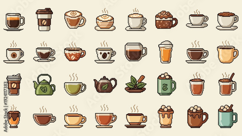 Assorted hot beverages in various cups and mugs displayed in a grid pattern, featuring teapots and saucers, from a direct overhead viewpoint.