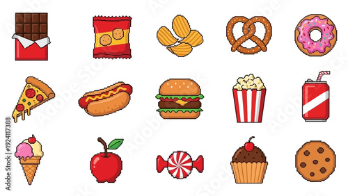 Assorted food items including snacks and desserts arranged in a grid pattern on a transparent background, viewed from directly above.