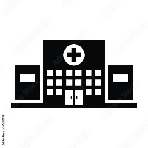 Modern hospital building exterior with a prominent cross symbol representing healthcare medical services and emergency care depicted in a clean minimalist graphic style